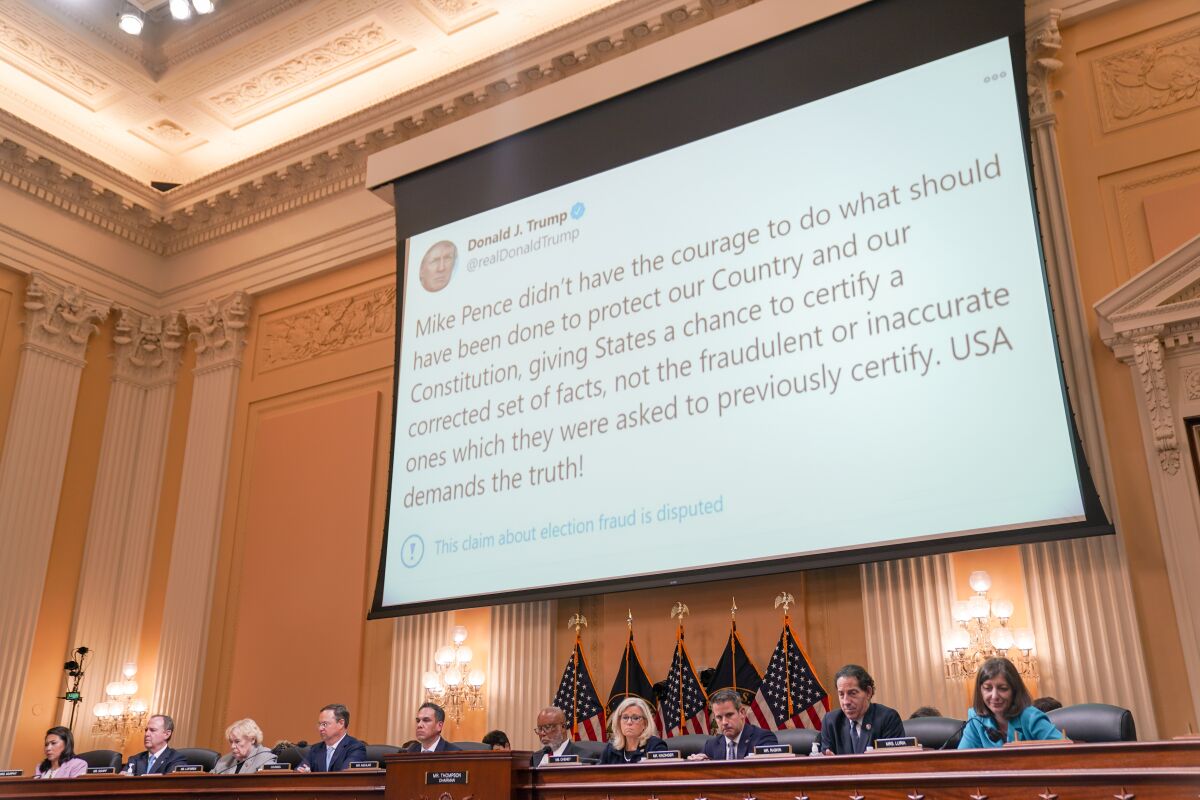 Tweets from then-President Donald Trump are shown during a House Select Committee to Investigate the January 6th hearing