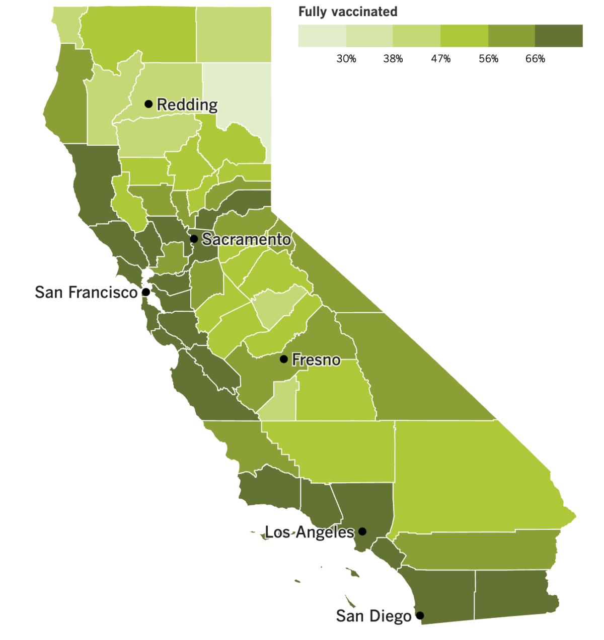 A map that shows California's vaccination progress by county.