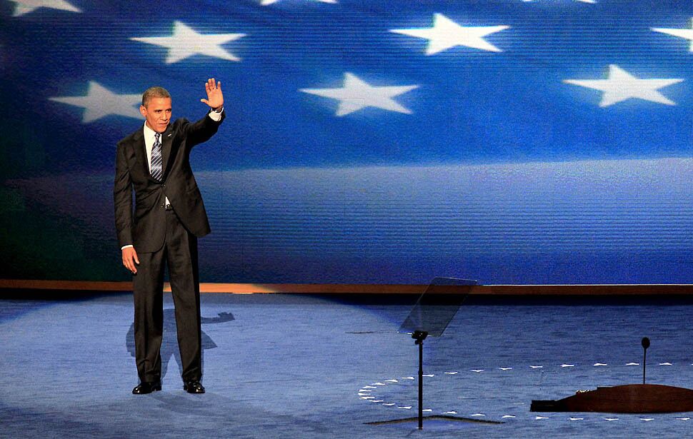 President Obama on stage after speaking at the Democratic National Convention.