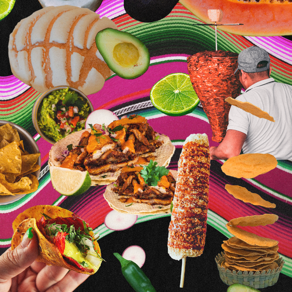 Images of a concha, avocado, lime, tortillas, tacos 