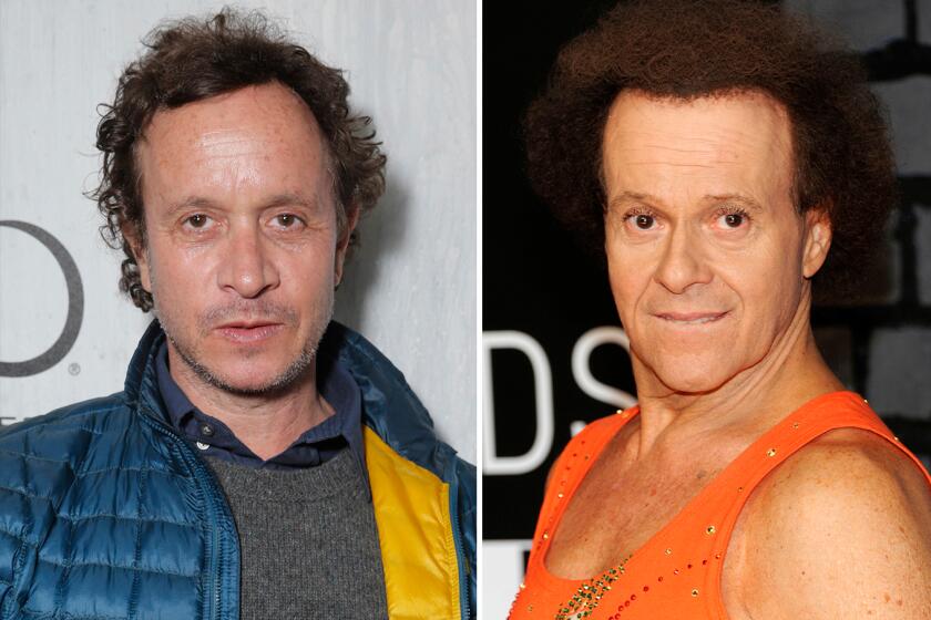 Split image of Pauly Shore in a blue puffer jacket and Richard Simmons in an orange sparkly work out tank top