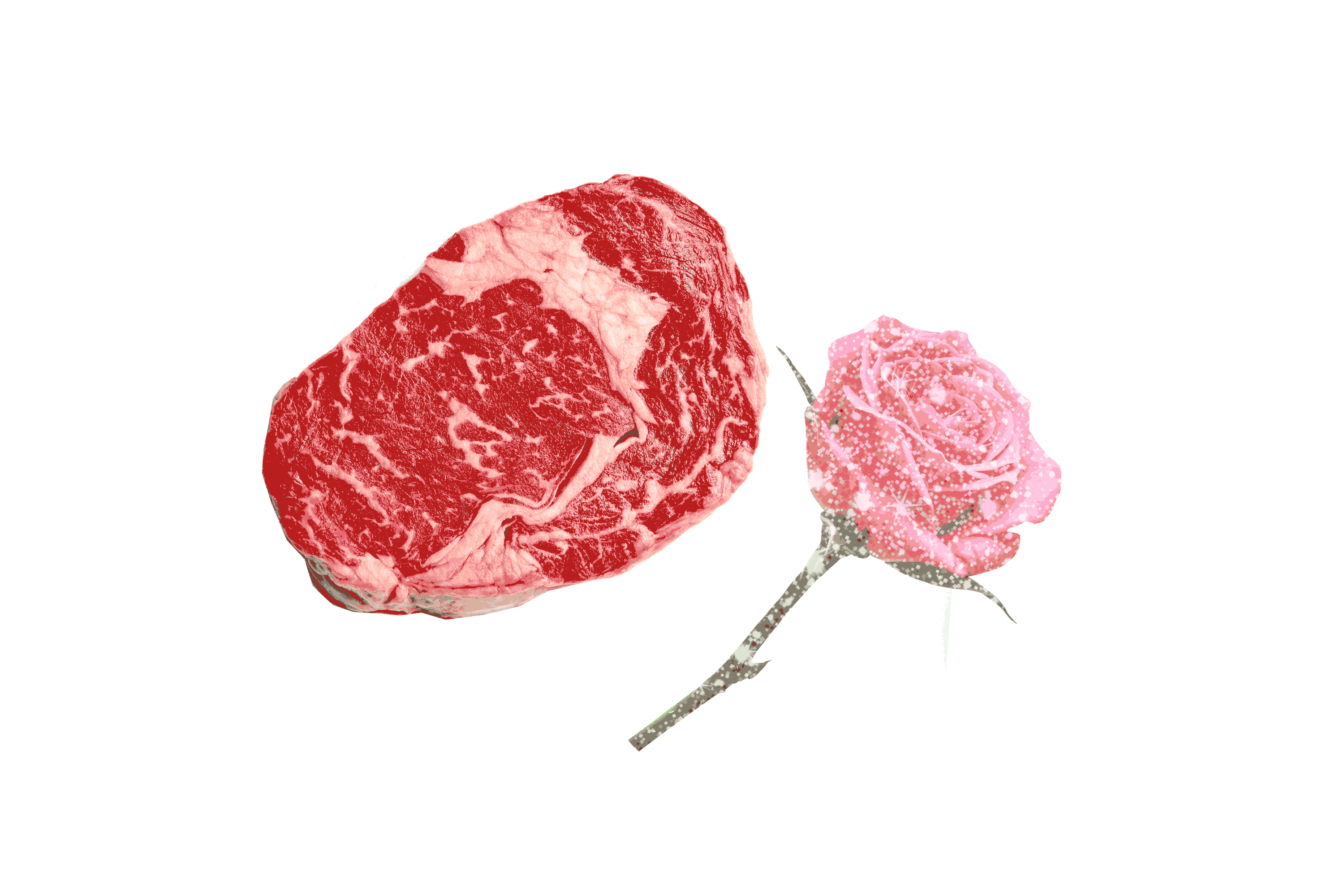 A GIF of a steak and a sparkly rose