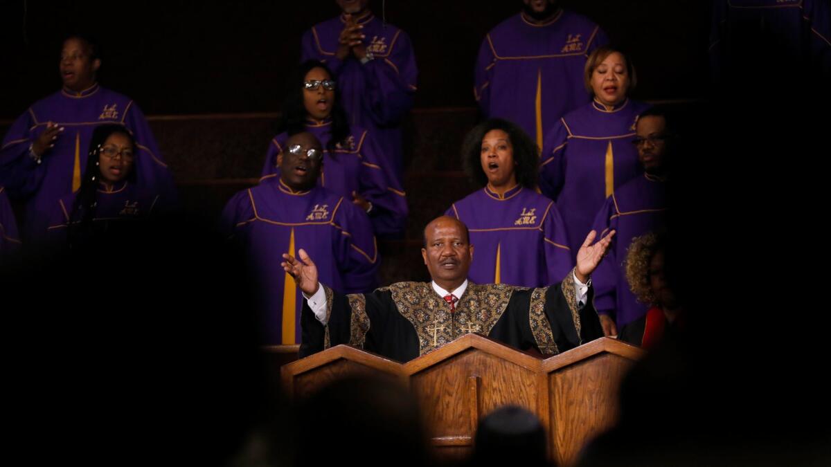 The Rev. J. Edgar Boyd speaks during the service on Sunday at First African Methodist Episcopal Church in Los Angeles.