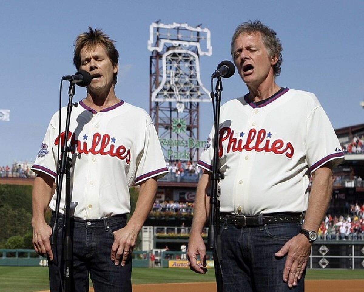 The Bacon Brothers (Kevin, left, and older brother Michael) kicked off the first game of the 2009 World Series by singing the national anthem in their native Philadelphia.