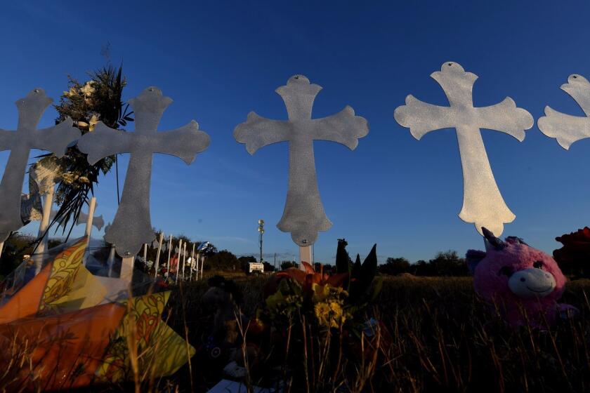 A memorial of crosses are seen after a mass shooting that killed 26 people in Sutherland Springs, Texas on November 7, 2017. A gunman wearing all black armed with an assault rifle opened fire on a small-town Texas church during Sunday morning services, killing 26 people and wounding 20 more in the last mass shooting to shock the United States. / AFP PHOTO / MARK RALSTONMARK RALSTON/AFP/Getty Images ** OUTS - ELSENT, FPG, CM - OUTS * NM, PH, VA if sourced by CT, LA or MoD **
