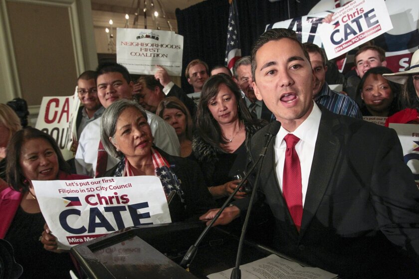 San Diego City Council candidate Chris Cate speaks to his supporters at the U.S. Grant Hotel.