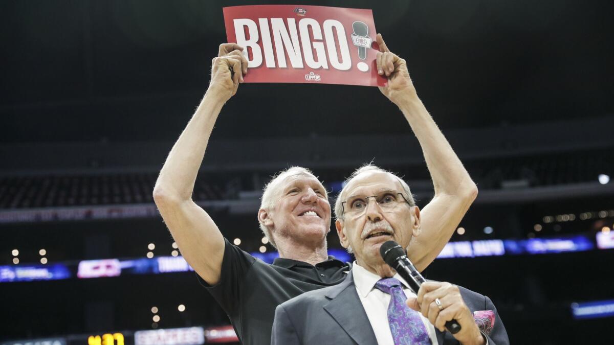 Bill Walton adds levity to a pregame news conference for Clippers broadcaster Ralph Lawler, who called his final regular season Clippers game after 40 years.