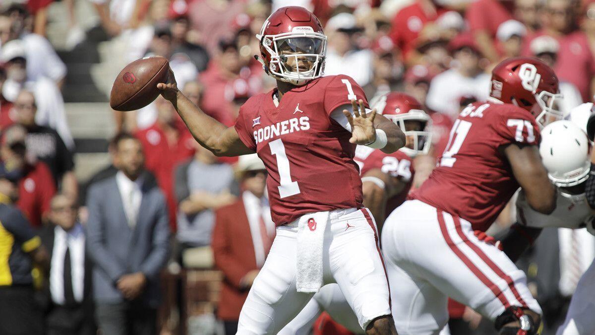 Oklahoma quarterback Kyler Murray looks to throw against the Florida Atlantic Owls at Gaylord Family-Oklahoma Memorial Stadium on Sept. 1 in Norman, Okla. The Sooners defeated the Owls 63-14.