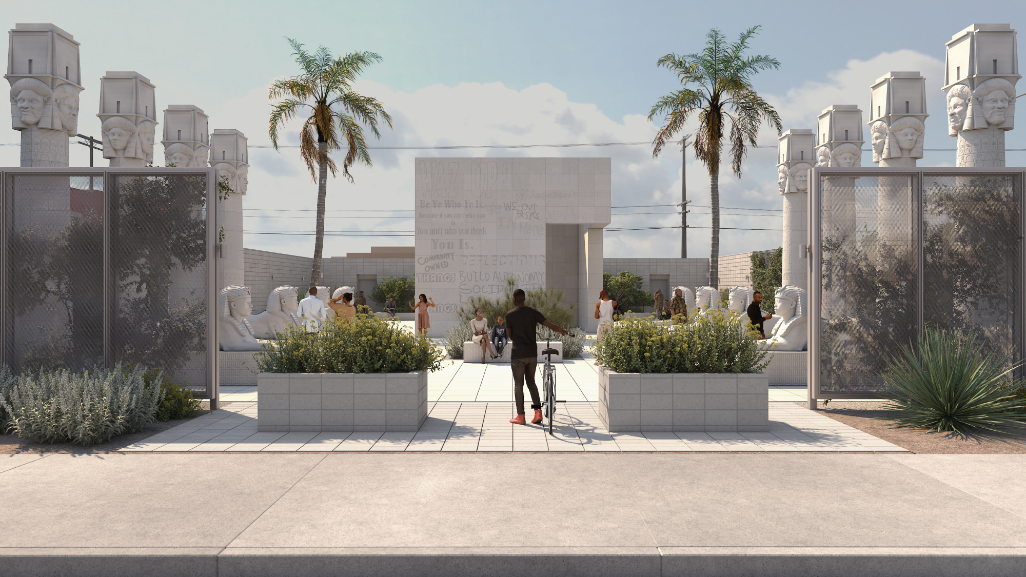 A rendering of a sculpture park with columns.