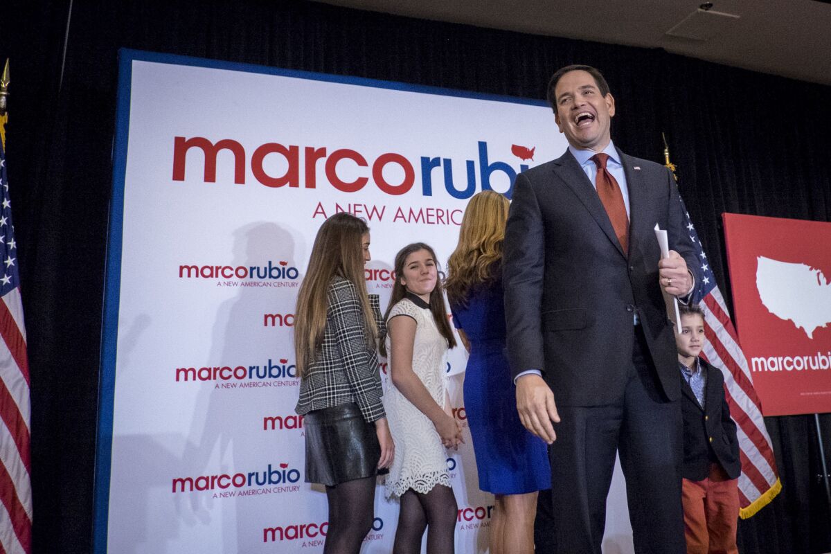 Republican presidential candidate Sen. Marco Rubio of Florida at a caucus night party in Des Moines, Iowa.