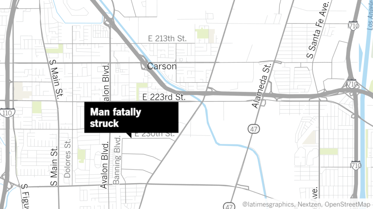 A map shows the location in Carson where a man was hit and killed during a street race.