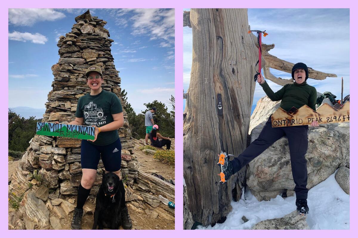 Jaclyn at Sawmill Mountain, left, and Ontario Peak in December 2022, right.