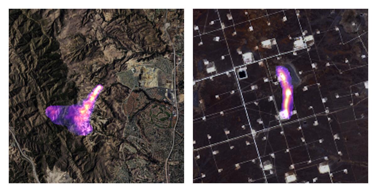Satellite images shows methane plumes rising from natural gas sites in California and Texas.
