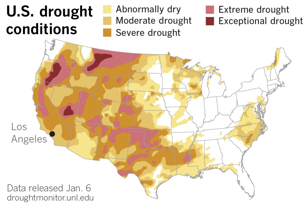 Map of U.S. shows much of the West in moderate to extreme drought