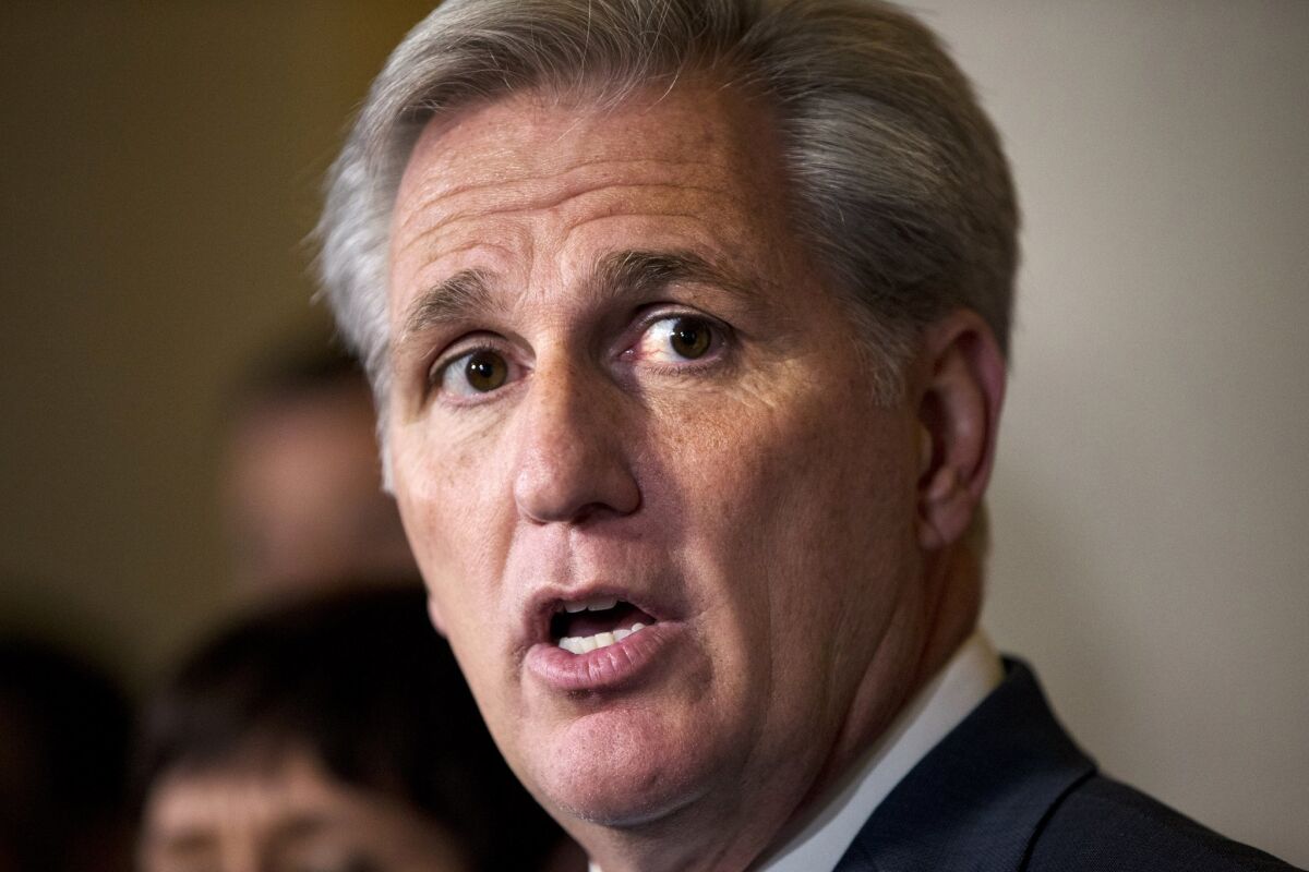 FILE - In this Oct. 8, 2015 file photo, House Majority Leader Kevin McCarthy of Calif. speaks during news conference on Capitol Hill in Washington. Rebellious conservatives around the country say they sense a political environment that will help them oust House Republican lawmakers next year who are too timid when it comes to confronting President Barack Obama. (AP Photo/Jacquelyn Martin, File)