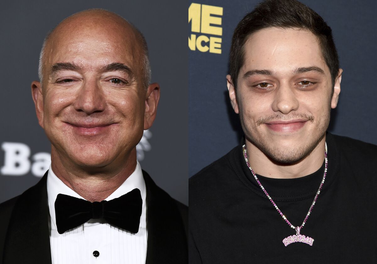 Jeff Bezos appears at the Baby2Baby Gala in West Hollywood, Calif., on Nov. 13, 2021, left, and actor-comedian Pete Davidson appears at the premiere of "Big Time Adolescence" in New York on March 5, 2020. Davidson is heading to space. The “Saturday Night Live” star will be among the six passengers on the next launch of Bezo’s space travel company, Blue Origin. The company announced the March 23 flight on Monday. (AP Photo)