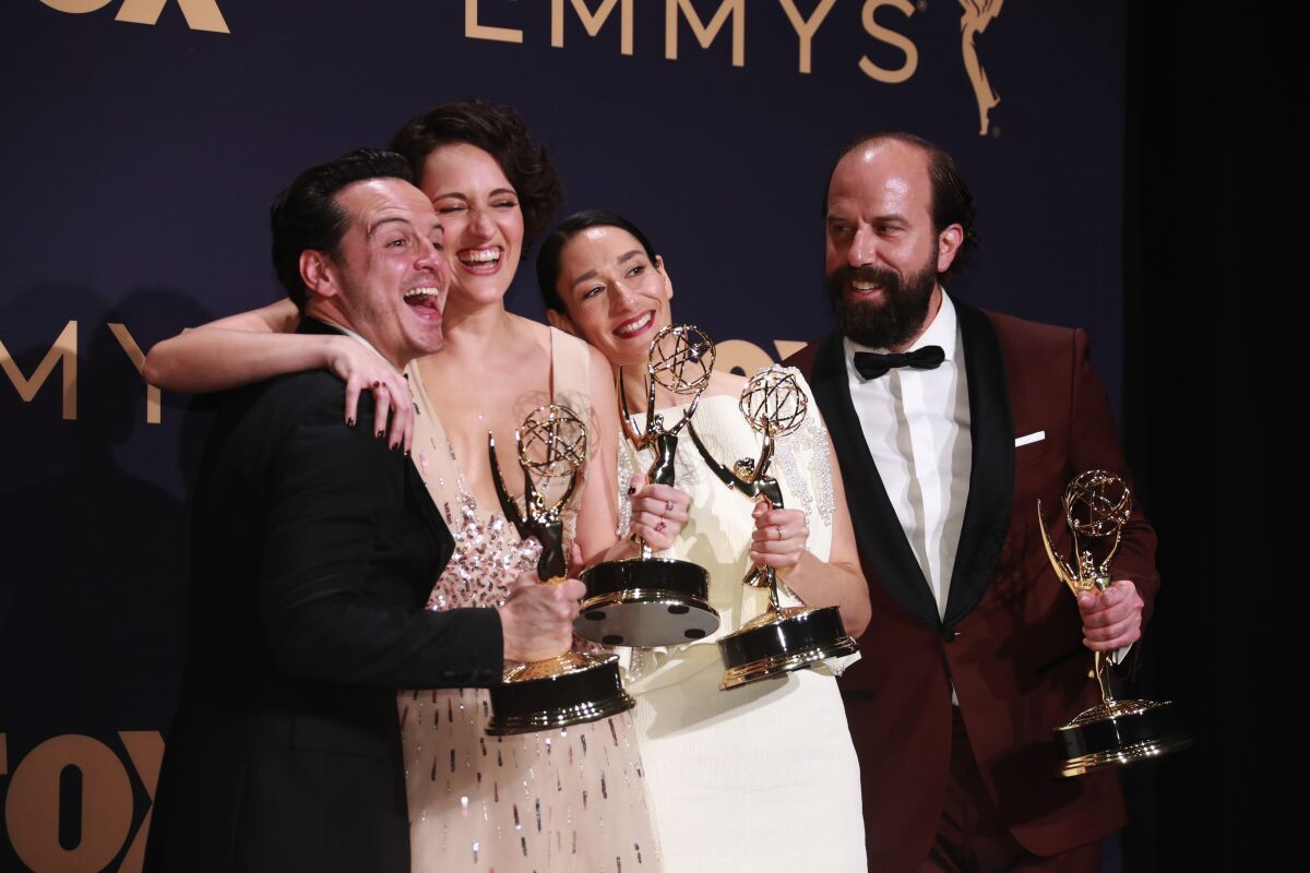 Andrew Scott, left, at the Emmys with "Fleabag" cast mates Phoebe Waller-Bridge, Sian Clifford and Brett Gelman.