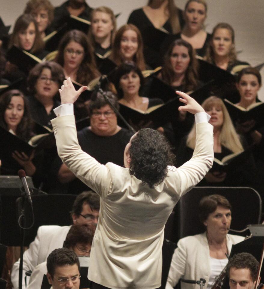 Gustavo Dudamel conducts the Los Angeles Philharmonic in Verdi's Requiem at the Hollywood Bowl on Aug. 13, 2013.