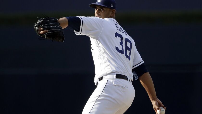 Padres starting pitcher Tyson Ross works against an Arizona Diamondbacks batter during the first inning of a baseball game Saturday, July 28, 2018, in San Diego.