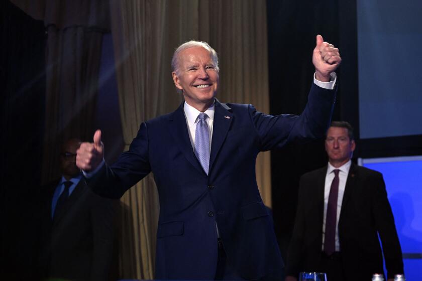 US President Joe Biden acknowledges the crowd during an event on the creation of new manufacturing jobs at the Washington Hilton in Washington, DC, April 25, 2023. - Biden announced Tuesday his bid "to finish the job" with re-election in 2024. (Photo by Jim WATSON / AFP) (Photo by JIM WATSON/AFP via Getty Images)