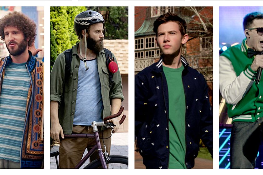 L/R David Andrew Burd, as rapper Lil Dicky in the FX comedy, DAVE. Credit: FX; Ben Sinclair in a scene from the HBO series, High Maintenance. Credit: HBO; Griffin Gluck in a scene from the Netflix series American Vandal. Credit: Netflix; and Andy Samberg in Popstar: Never Stop Never Stopping. Credit: Universal Pictures