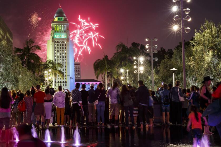 LOS ANGELES, CALIF. -- MONDAY, JULY 4, 2016: Fireworks at the 4th annual Grand Park + Music Center's Fourth of July Block Party in Los Angeles, Calif., on July 4, 2016. (Marcus Yam / Los Angeles Times)