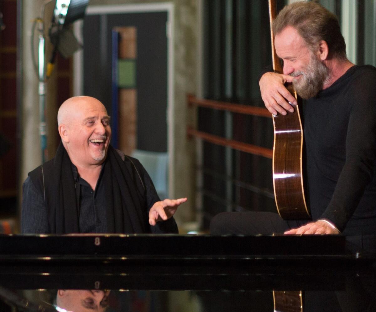 British musicians Peter Gabriel, left, and Sting, at the Real World Studios in Box, England, on Monday Jan. 4, 2016.