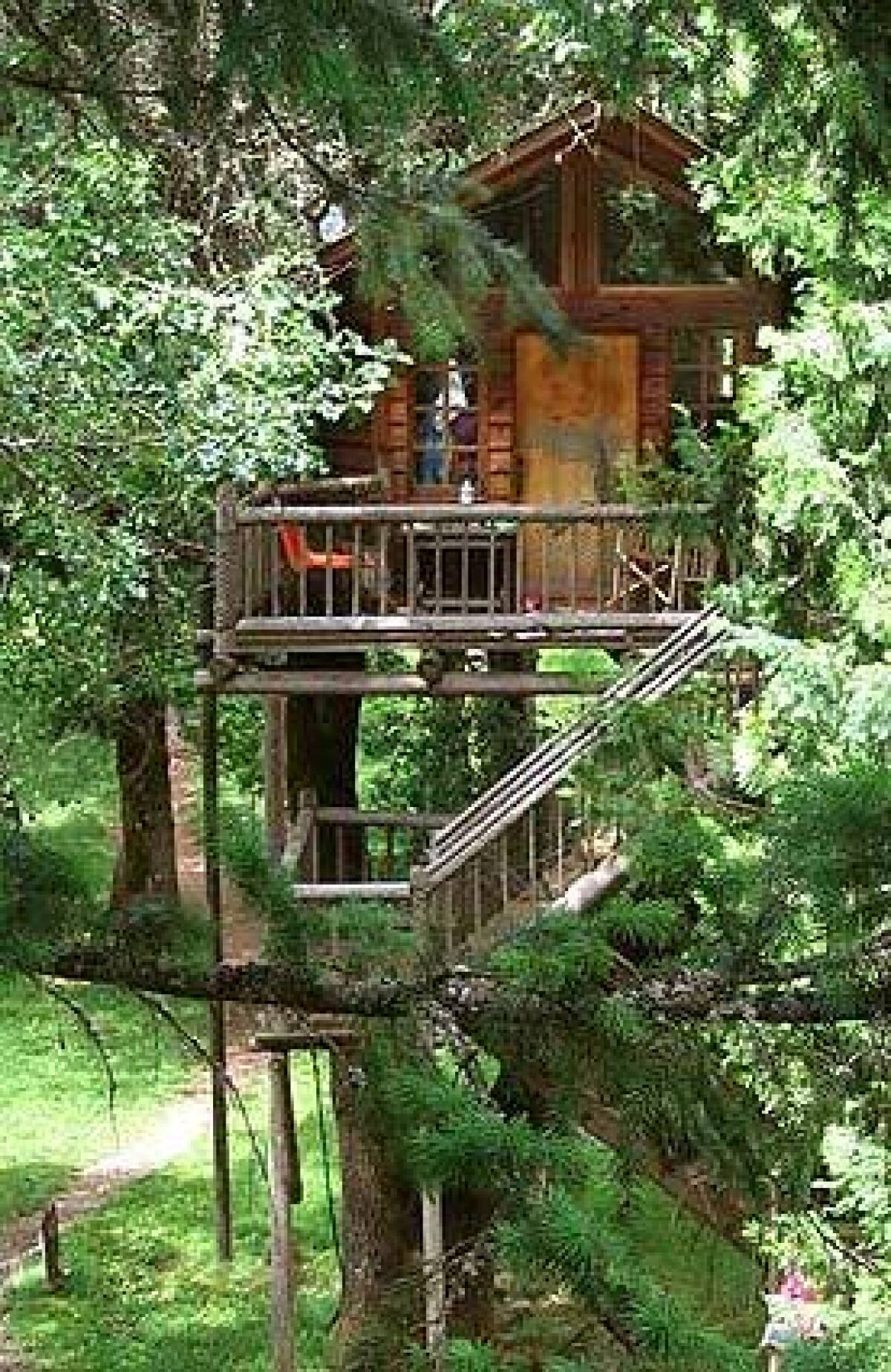 Peacock Perch is one of 11 treehouses guests can rent at Out n About Treesort in Oregons Siskiyou Mountains, about 20 miles from the California border. The resorts bathhouse pavilion is on the ground level.