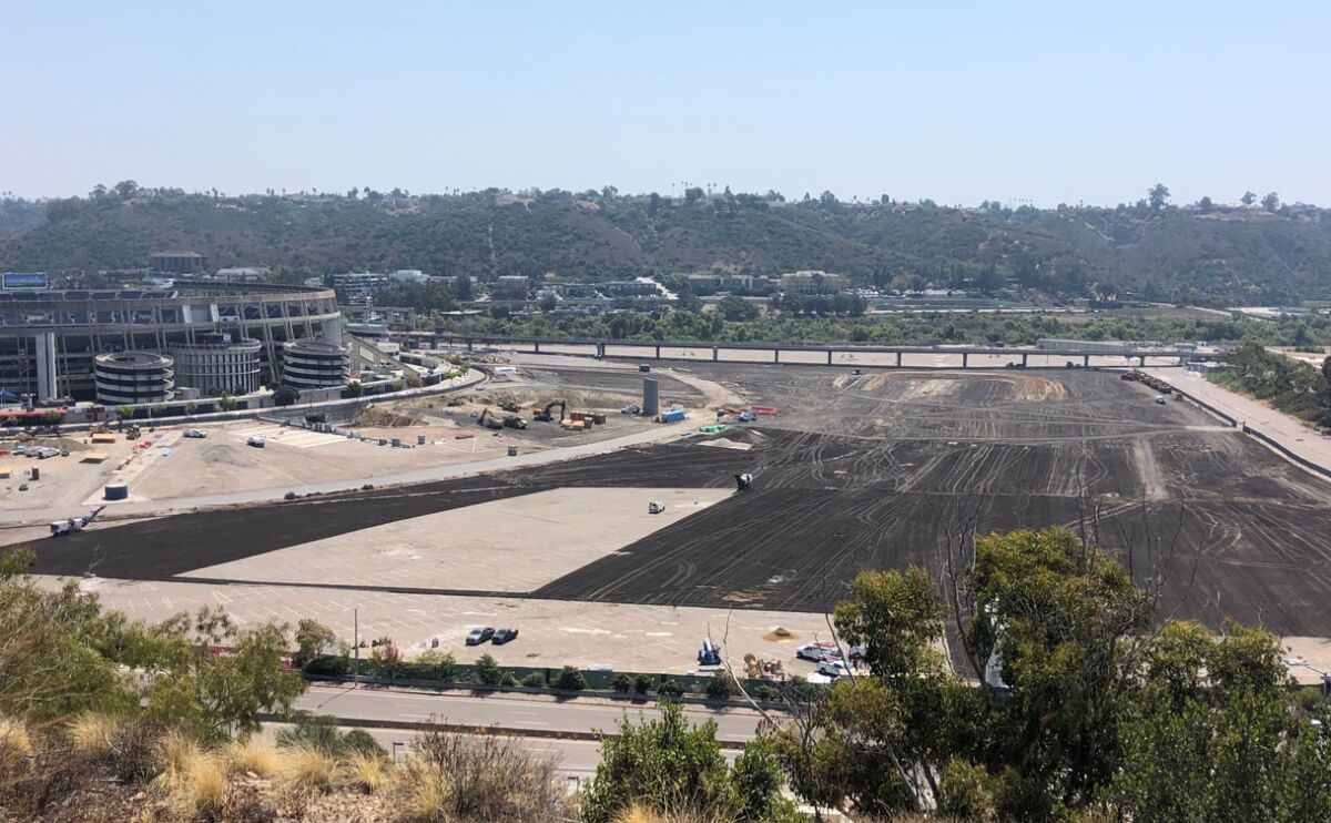 View looking south at the Mission Valley property where San Diego State is building a new stadium targeted to open in 2022.