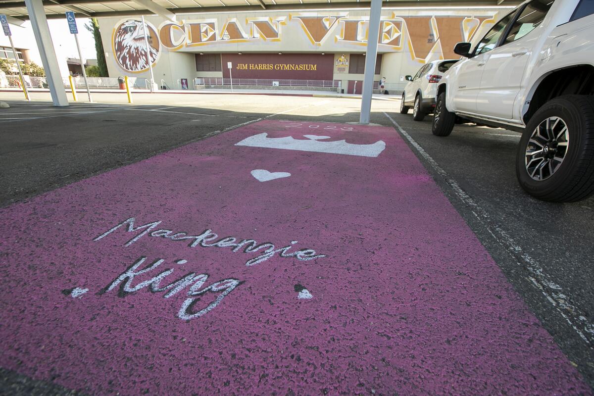 Art-filled parking spaces adorn the lot in front of Ocean View High School on Thursday in Huntington Beach.
