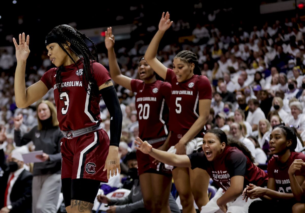 South Carolina guard Destanni Henderson (3) reacts after scoring against LSU in the second half of an NCAA college basketball game in Baton Rouge, La., Thursday, Jan. 6, 2022. (AP Photo/Derick Hingle)