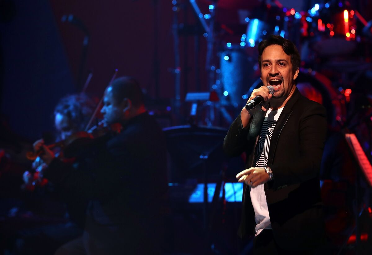 Lin-Manuel Miranda performs during the Stronger Together concert at St. James Theatre in New York City on Oct. 17.