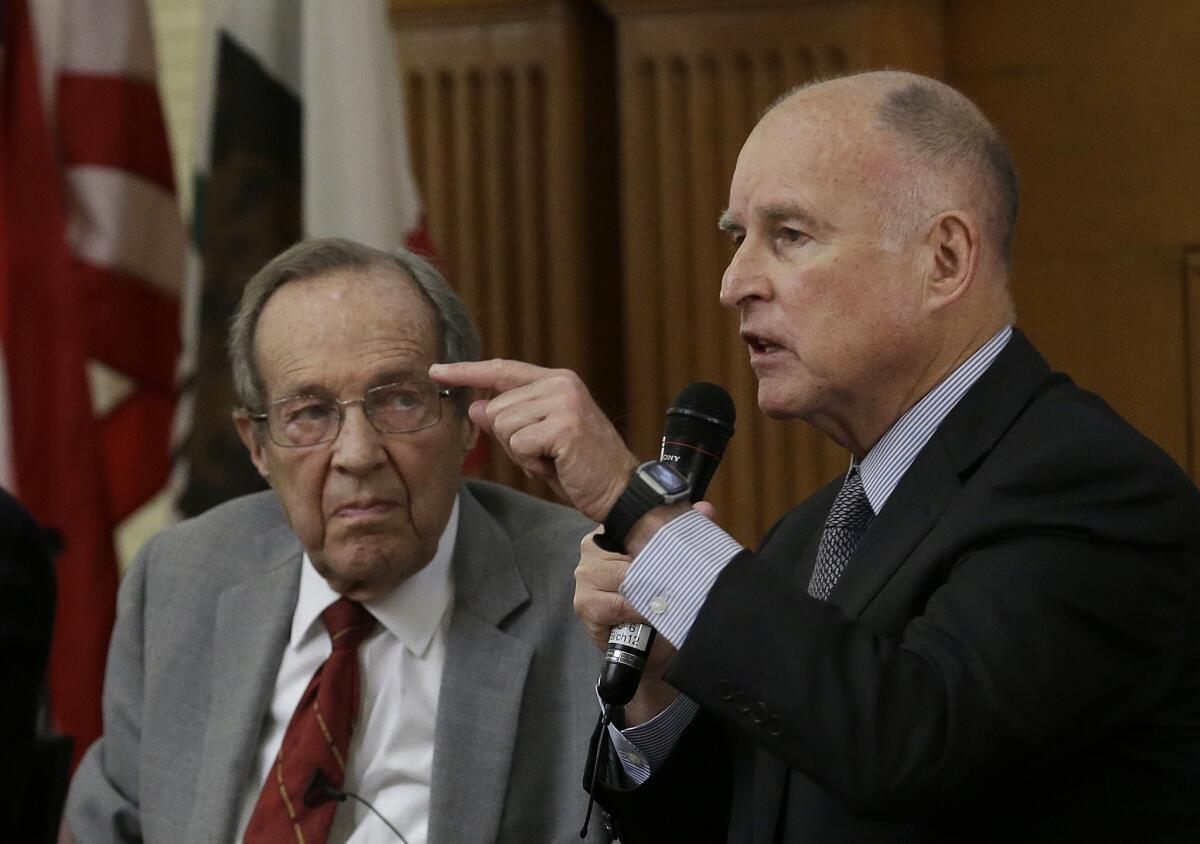 California Gov. Jerry Brown speaks at Stanford University on Tuesday.