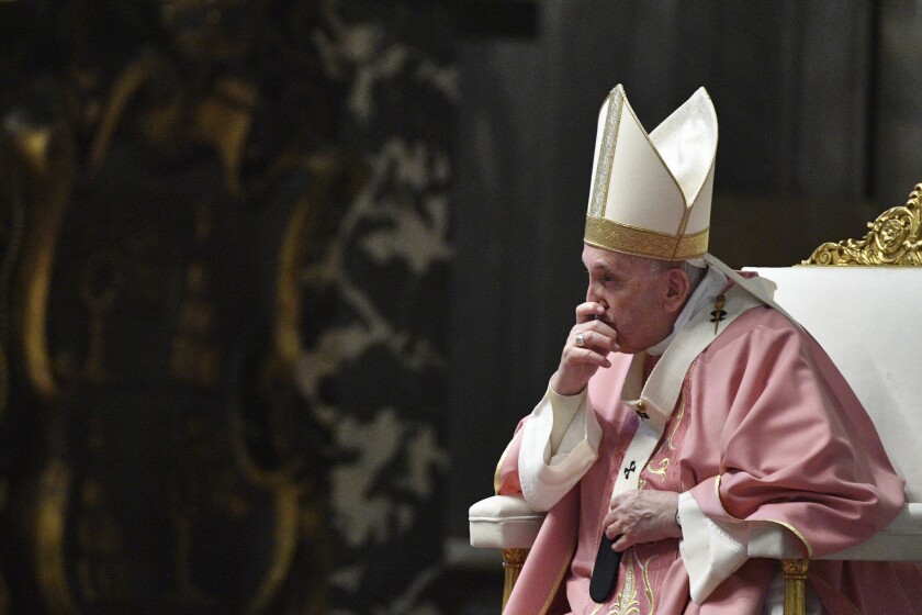 Pope Francis celebrates Mass in St. Peter's Basilica on March 14.