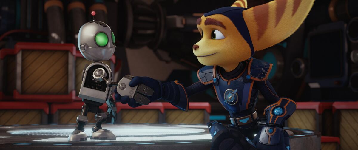 David Kaye stars as the voice of Clank, left, and James Arnold Taylor stars as the voice of Ratchet in "Ratchet and Clank." Gramercy Pictures