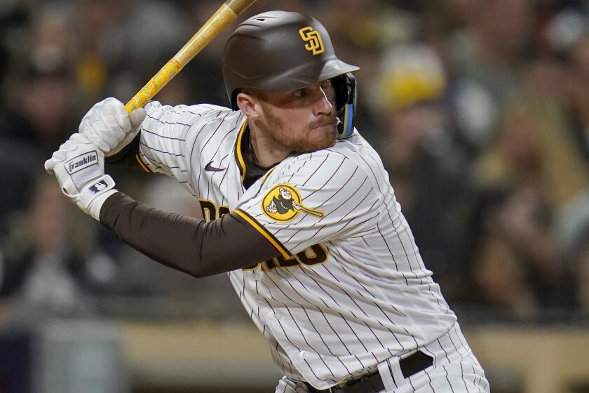 San Diego Padres' Brandon Drury batting during the third inning of a baseball game against the San Francisco Giants, Monday, Oct. 3, 2022, in San Diego. (AP Photo/Gregory Bull)