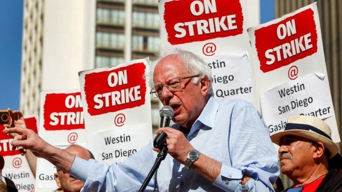 Sen. Bernie Sanders speaks to members of the Unite Here Local 30 hotel and hospitality workers' union in San Diego on Oct. 26, 2018.