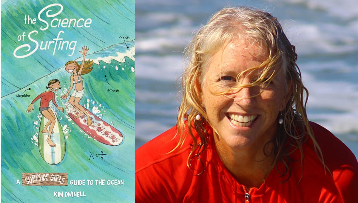Kim Dwinell is shown with the cover of "The Science of Surfing: A Surfside Girls Guide to the Ocean."