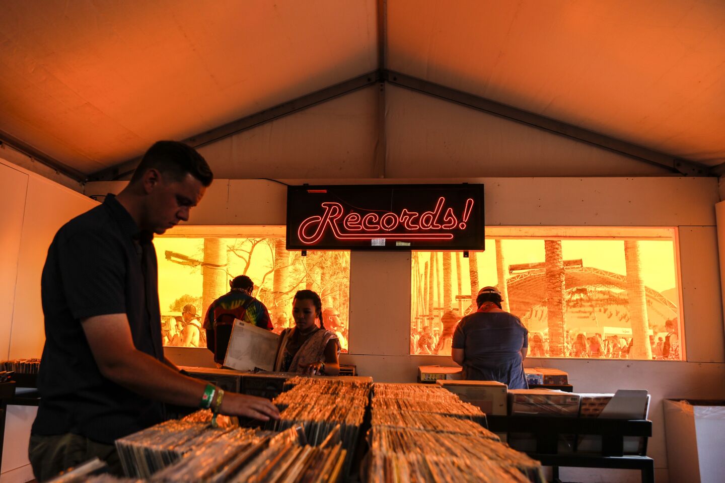 Fans find themselves in vinyl heaven at Coachella's record store next to the Yuma tent.