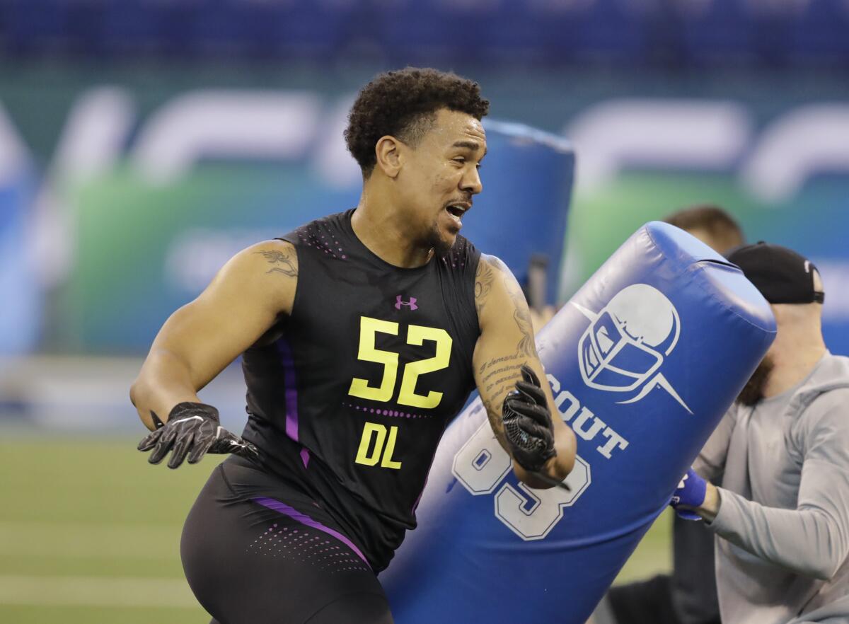 Trevon Young performs a drill during the NFL scouting combine.