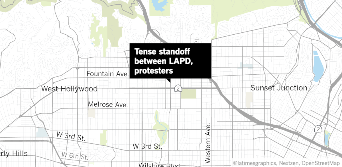 Map of where L.A. police and protesters clashed at Vine Street and Lexington Avenue in Hollywood