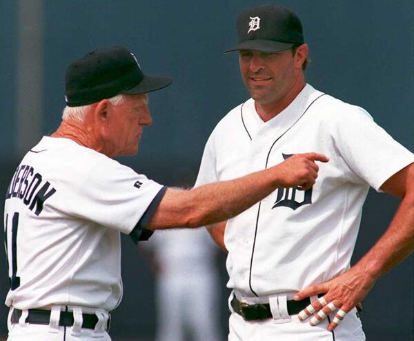 Detroit Tigers Manager Sparky Anderson works with outfielder Kirk Gibson during a Spring Training workout.