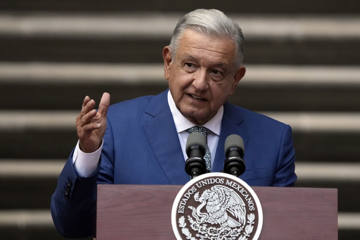 FILE - Mexican President Andres Manuel Lopez Obrador speaks at the National Palace in Mexico City, Jan. 10, 2023. Mexicos president described the slayings of five men caught on security camera footage as an apparent execution by soldiers, and vowed Wednesday, June 7, 2023, that the perpetrators would face justice. (AP Photo/Fernando Llano, File)