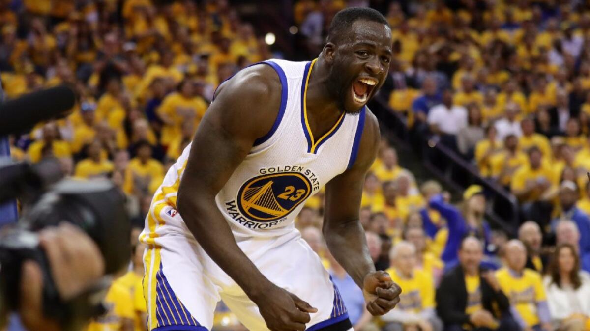 Warriors forward Draymond Green reacts during Golden State's victory over Oklahoma City, 120-111, in Game 5 of the Western Conference finals.