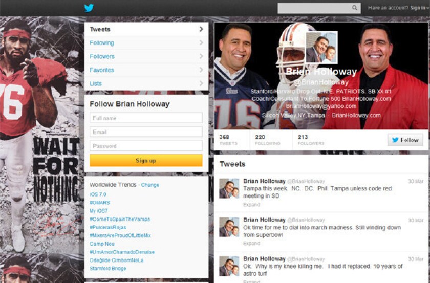 A screen shot of Brian Holloway's own Twitter account shows he last posted in March.