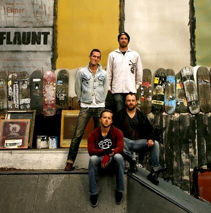 Elmer Ave, a fledgling line of men's formalwear-meets-skatewear, is designed by, clockwise from top right, Sean Murphy, Jonny Day, Ward Robinson and Collin Pulsipher. The guys work and live in "the Compound" in North Hollywood, where they personally do all the screen-printing and spray-painting not far from a large skateboard ramp.