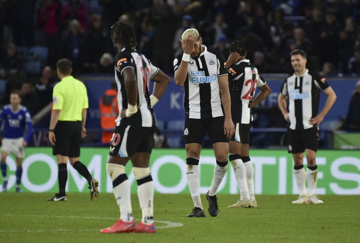 Newcastle's players react during the English Premier League soccer match between Leicester City and Newcastle United at King Power stadium in Leicester, England, Sunday, Dec. 12, 2021. (AP Photo/Rui Vieira)