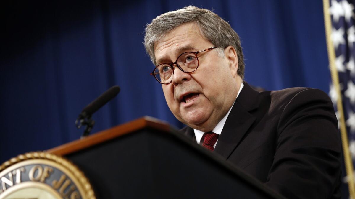 Atty. Gen. William Barr speaks about the release of a redacted version of special counsel Robert Mueller's report during a news conference on Thursday.