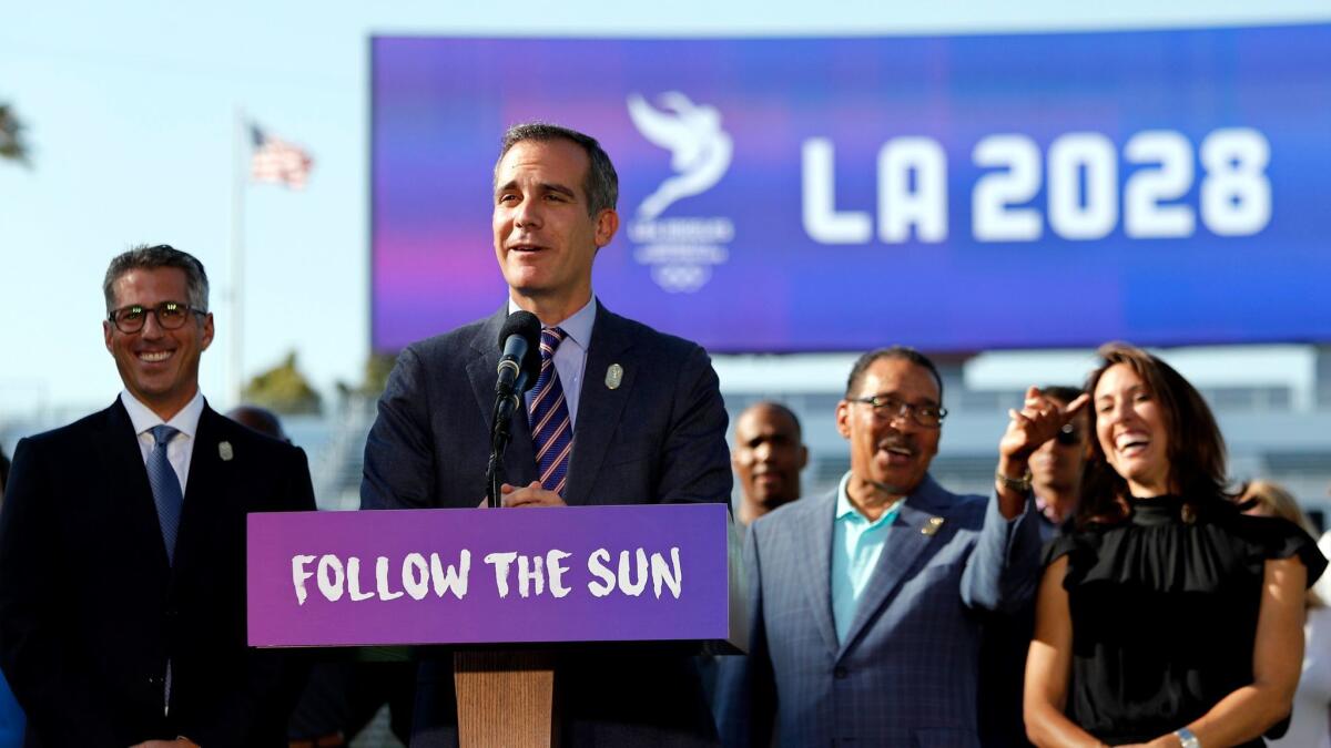 Mayor Eric Garcetti announces that Los Angeles will host the 2028 Olympic Games in Los Angeles on July 31.