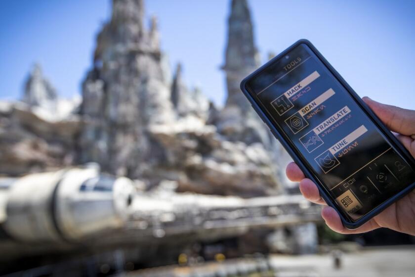 ANAHEIM, CALIF. -- WEDNESDAY, MAY 29, 2019: A detail of an APP that allows visitors to interact with a variety of situations as media members get a preview of the Millennium Falcon: Smugglers Run where visitors can operate ?the fastest hunk of junk in the galaxy? on a daring flight as a pilot, engineer or gunner during the Star Wars: Galaxy's Edge Media Preview event at the Disneyland Resort in Anaheim, Calif., on May 29, 2019. (PHOTOS ARE EMBARGOED UNTIL 6PM MAY 29) (Allen J. Schaben / Los Angeles Times)